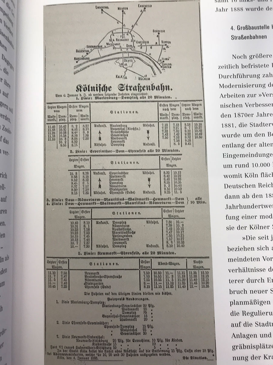 Einer der ersten Fahrpläne in Köln ist aus dem Jahr 1883 (siehe auch Seite 53, Kölner Mobilität – 125 Jahre Bahnen und Busse)